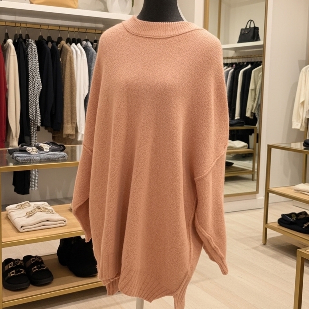 Free People Pink Chunky-Knit Oversized Pullover Sweater Crew Neck Long Sleeve L